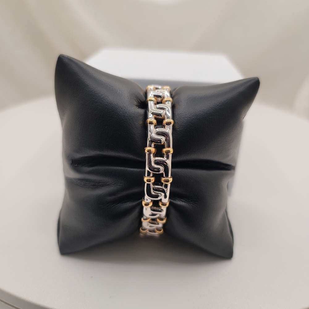 Joan Rivers Signed Silver and Gold Finish Metal Bracelet Open Flex Cuff  Chic